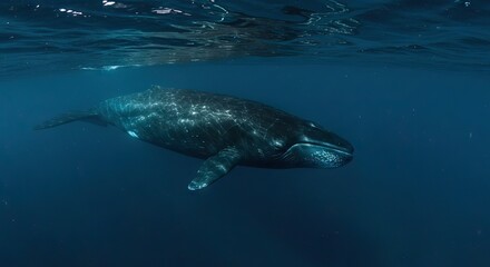 Fototapeta premium A whale swimming underwater in an ocean with dappled sunlight on its skin