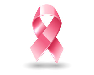 Pink ribbon octobre rose. Breast cancer awareness symbol isolated on white background. Glossy pink tape bow