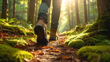 Fototapeta premium Sunlit Forest Path - A Wanderers Journey Through Autumnal Woods.