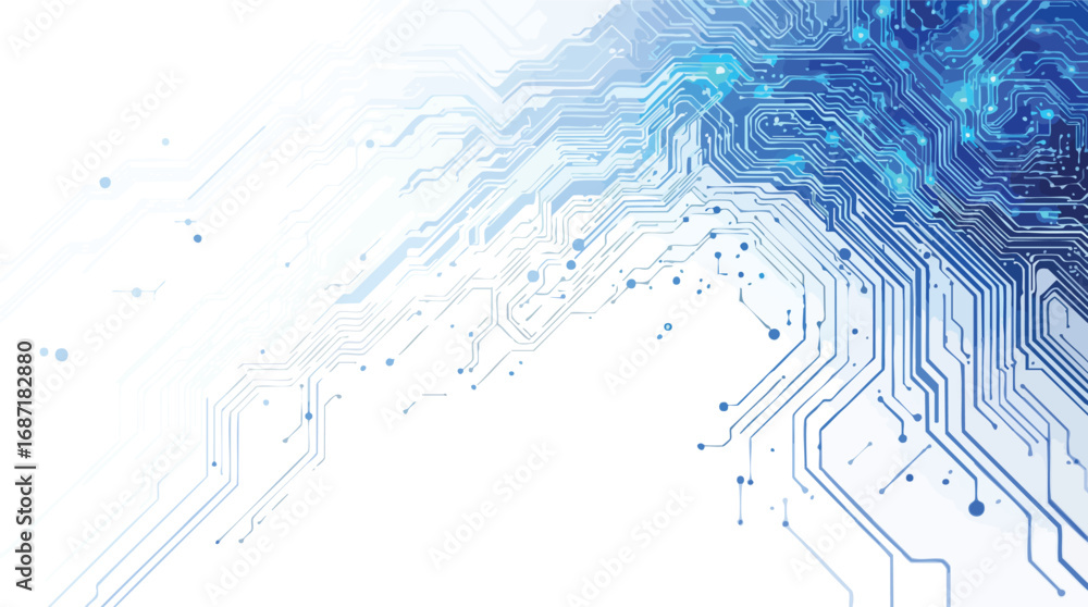 Poster abstract blue and white digital circuit board pattern with glowing lines and nodes technology.