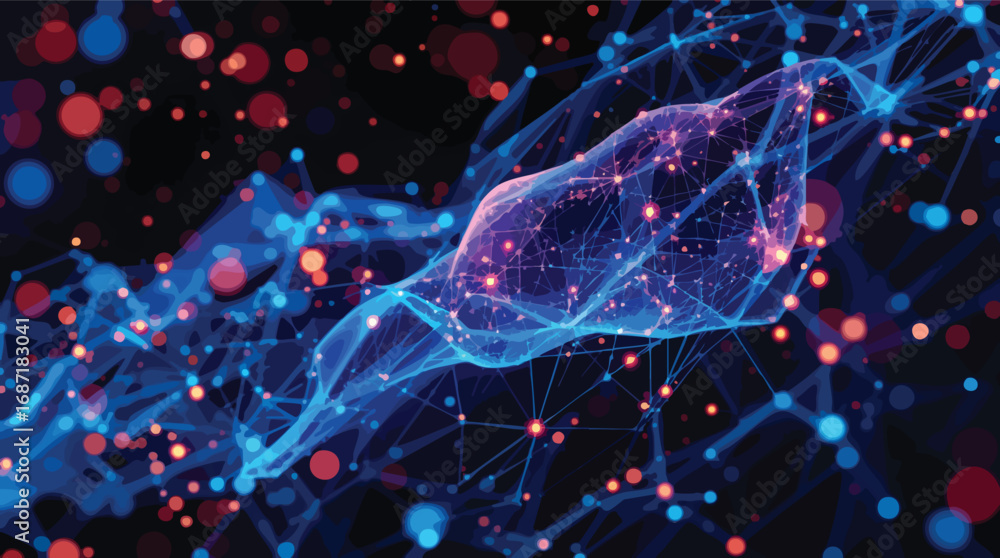 Poster abstract network structure with glowing particles and connections vector illustration.