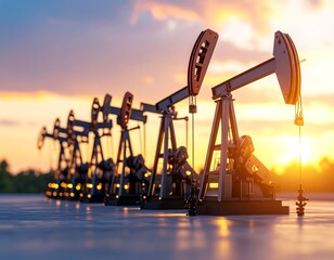 Oil pumps in a row at sunset