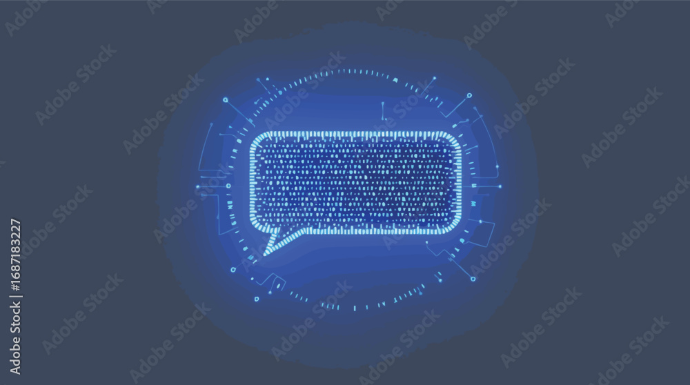 Poster digital speech bubble with binary code and circuit board elements chat communication.