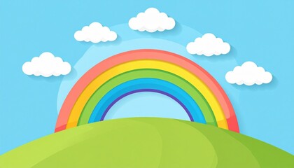Vibrant Illustrated Rainbow Over Green Hill and Blue Sky with Fluffy Clouds.
