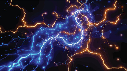 Energetic Abstract Lightning Strikes with Blue and Orange Electrical Arcs and Glowing Particles.