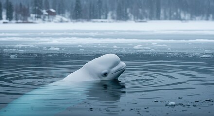 Naklejka premium Beluga whale swimming in icy water with a snowcovered background and small ice chunks floating