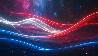 Fototapeta premium Abstract glowing red, white, and blue wavy lines on dark background