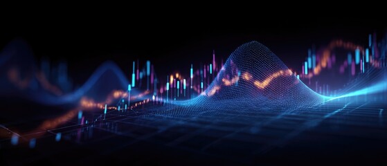 Abstract financial data visualization, showing a wavy landscape of glowing, colorful stock charts and data points on a dark background