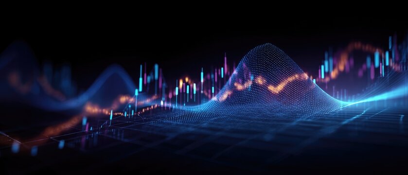 Abstract financial data visualization, showing a wavy landscape of glowing, colorful stock charts and data points on a dark background
