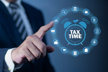 Businessman using the smartphone to fill in the income tax online return form for payment. Financial research, taxes calculation tax return. TAX online payment technology, Tax Time concept.