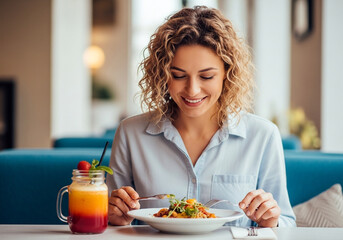 Woman eating healthy food in restaurant with smoothie and salad lifestyle concept
