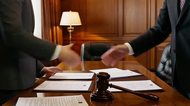 Lawyers shaking hands over signed contracts and gavel on a polished wooden desk in a courtroom setting