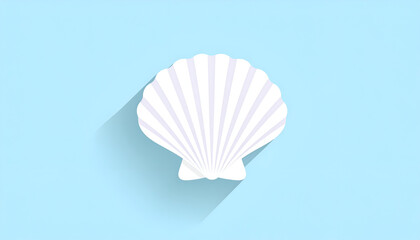 A white scallop seashell illustration with a long shadow on a light blue background.