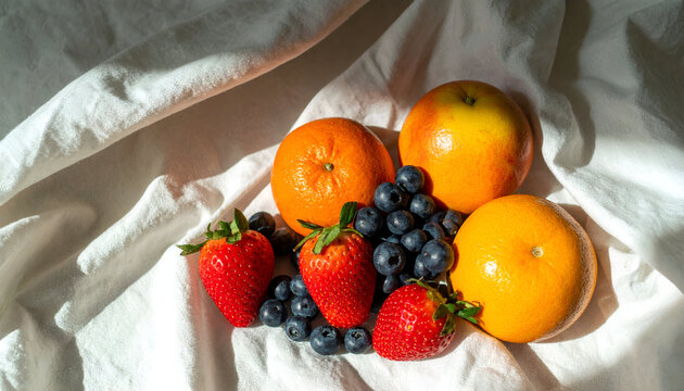 Sunlit arrangement of fresh fruit: oranges, apples, strawberries, and blueberries, resting on a white fabric.