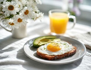 Breakfast of eggs, toast, and fruit