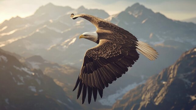 Majestic bald eagle soaring over a breathtaking mountain range at sunrise.