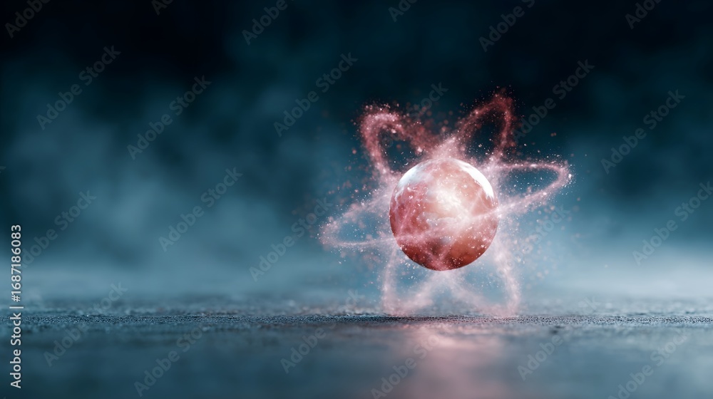 Poster abstract visualization of a glowing atom with energetic particles orbiting its nucleus on a dark tex
