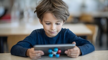 A young boy intently uses a tablet possibly engaged with a science simulation or educational app