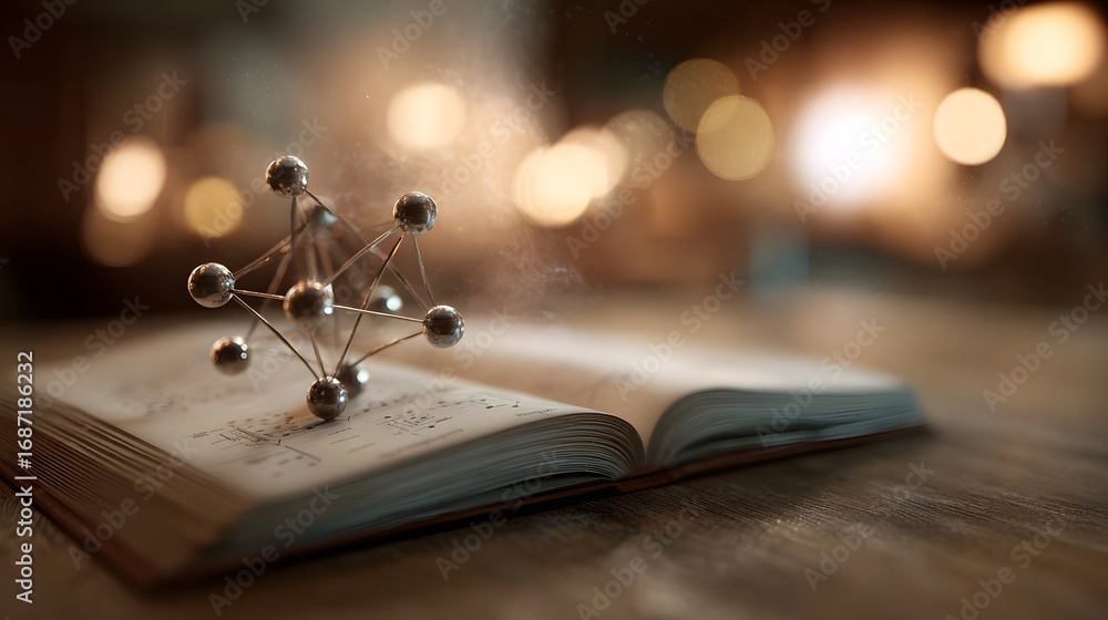 Poster a metallic molecular model rests on an open book filled with scientific formulas and diagrams illumi