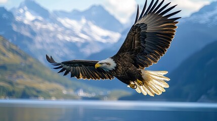 Obraz premium Majestic Bald Eagle Soaring Over Tranquil Lake with Mountain Backdrop.