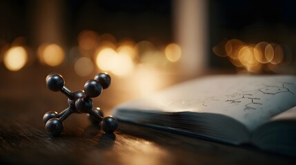 A molecular structure model rests beside an open chemistry book filled with diagrams on a wooden surface