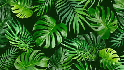 Lush Tropical Monstera and Palm Leaves: Vibrant Green Foliage Pattern, Dark Background