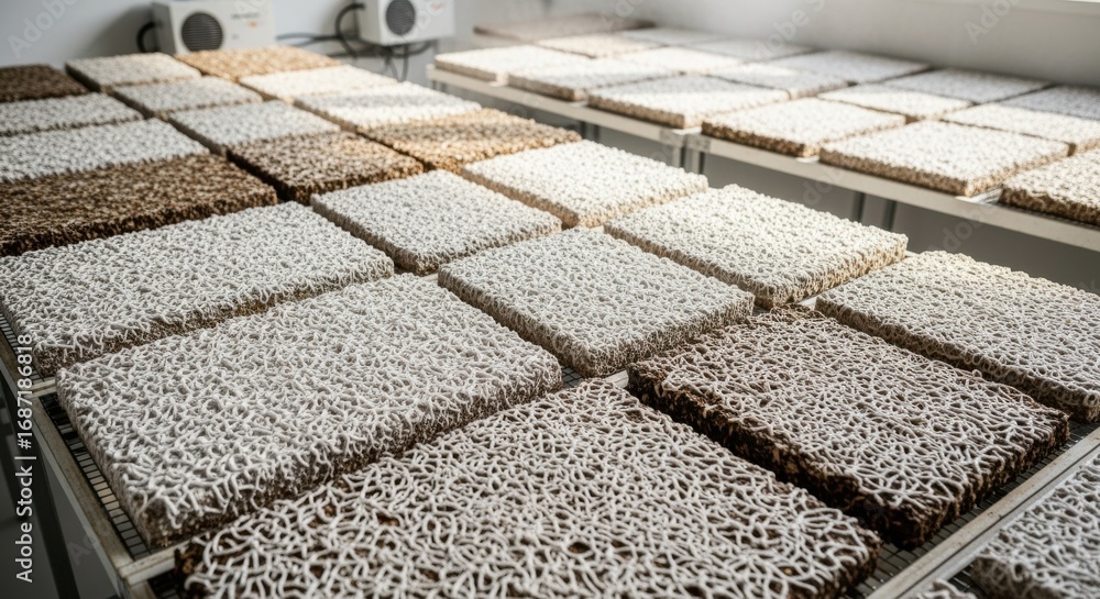 Poster overhead view of multiple mycelium panels laid out for curing in a climatecontrolled room with natur