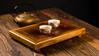 Two teacups with floral patterns on a wooden tray, tea pot in background.