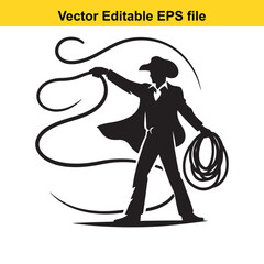 Silhouette of a cowboy with a lasso isolated on white background