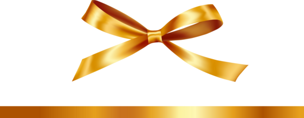 Shiny Gold satin ribbon on white background. Christmas gift, valentines day, birthday wrapping element. Isolated on Transparent BG.