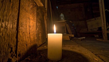 Single candle illuminates a dimly lit attic