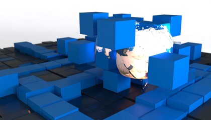 Abstract cubes surround a globe