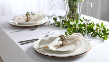 Fototapeta premium Elegant, white table setting with place settings, featuring napkins, silverware, and glassware.