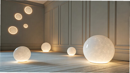 Interior scene with glowing spherical floor lamps and circular wall lights in a room with paneled walls and wooden floor Full HD 4K Video Download 2025 2026
