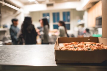 Pizza in a cardboard box sits on a table while people gather in the background.