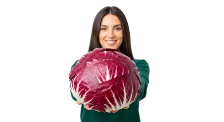 A smiling young woman presents a vibrant red radicchio, ideal for healthy eating promotions, vegetarian recipe blogs, fresh produce marketing, and wellness content.