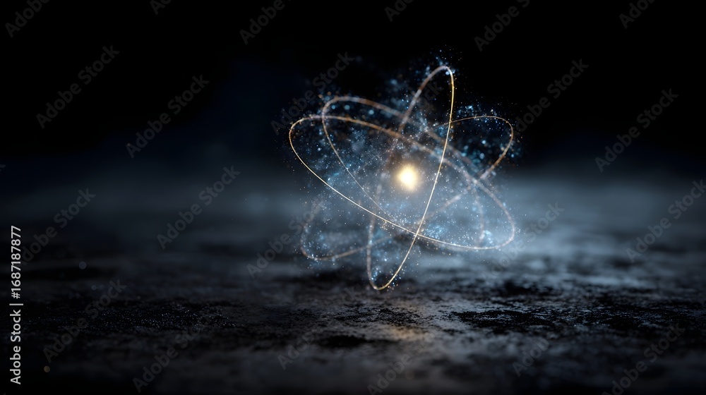 Poster stylized atom model with glowing particles orbiting a bright nucleus on a dark textured surface