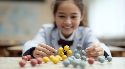 Young student smiling while assembling a molecular model in a science class