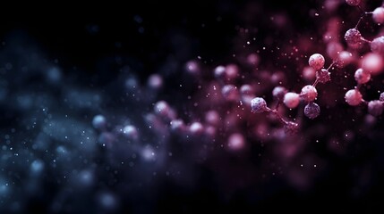 Abstract visualization of glowing molecular structures and particles in a dark colorful background
