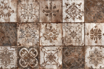 Obraz premium Ornate brown and white square tiles with floral and geometric designs create a textured wall