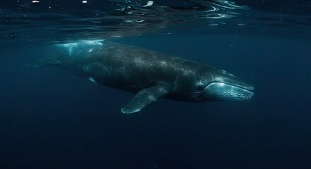 Obraz premium Underwater photo shows a blue whale swimming with the surface ripples visible above