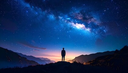 Silhouette of person gazing at night sky, starry milky way