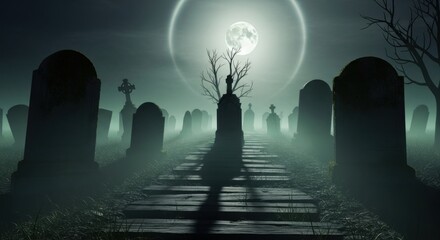 Haunted Graveyard Scene with Full Moon and Foggy Atmosphere in Dark Night