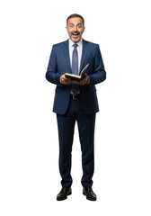 Excited businessman holding open book full body shot professional corporate isolated on transparent background