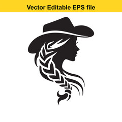 Silhouette of a cowgirl with braided hair, isolated on white background