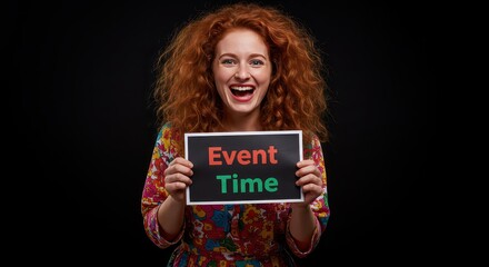 Event Time Announcement: A vivacious person, adorned with fiery red hair, cheerfully displays a sign with the words Event Time, conveying excitement and anticipation against a dramatic backdrop.