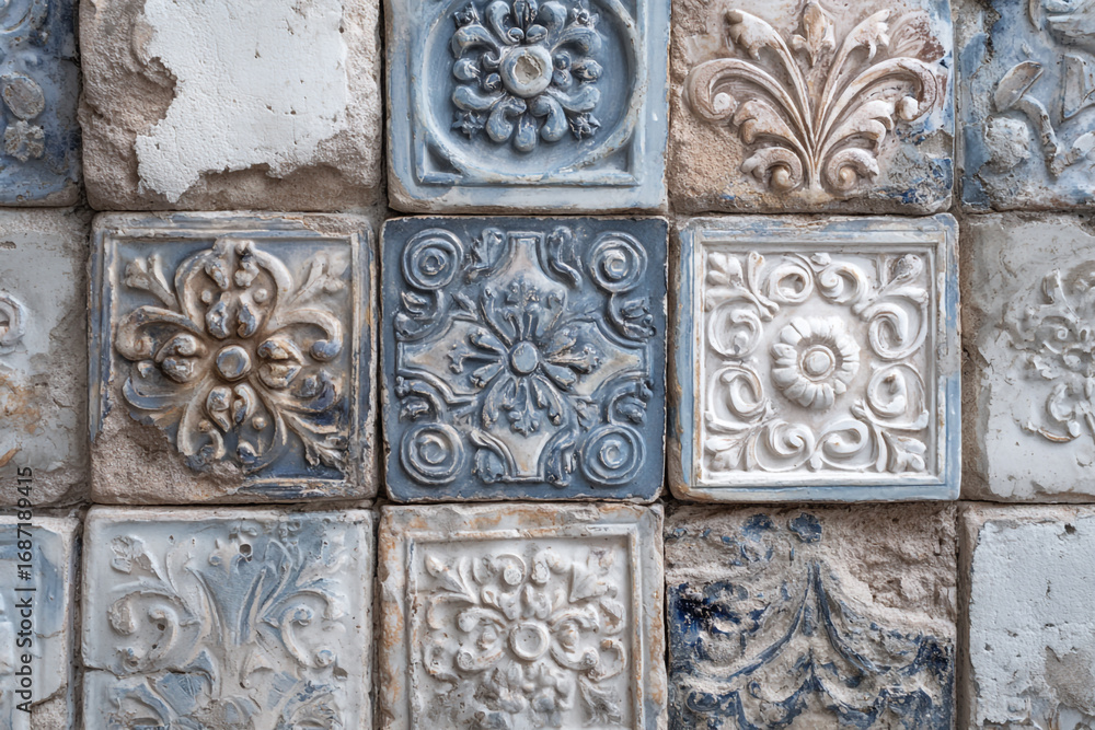 Poster ornate blue and white tiles arranged in a square pattern showing aged detailing and texture