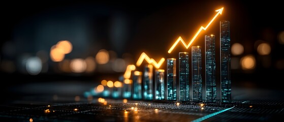 Blue Cyan Financial Performance Beneath Multiple Vertical Holographic Bars Rise Like Futuristic Candlestick Charts Poster Banner Marketing Ecommerce Web Print Copy Space Template Brandin SEO Optimized
