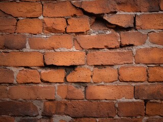Obraz premium Close-up view of a weathered brick wall showcasing cracks and texture, ideal for architectural backgrounds