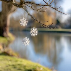 Three delicate snowflake ornaments hang from a branch over a calm lake